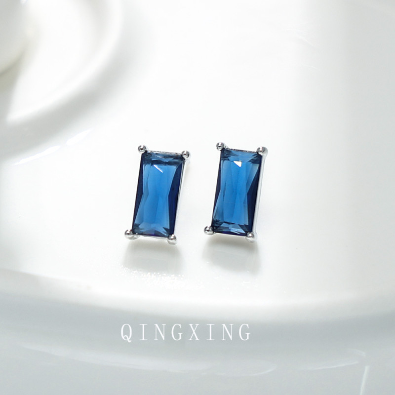 S925 silver needle simple princess square violet zircon earrings versatile trendy men and women universal stacked geometric earrings