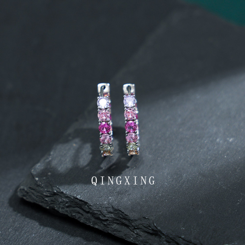 European and American fashion light luxury red corundum spinel zircon earrings synthetic color treasure light blue topaz circle ear buckle for women