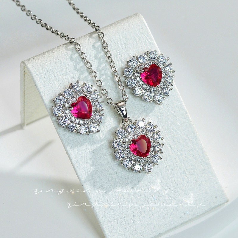 Love pigeon blood ruby ​​earrings full diamond micro-set pink zircon peach heart fashion simple European and American necklace earring wholesale