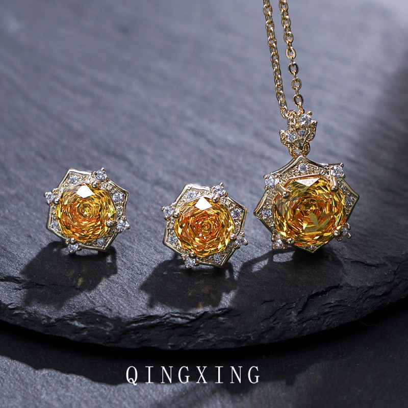 Star anise millennium rose cut pink diamond flower necklace pendant inlaid with high carbon diamond earrings rose fashionable earrings