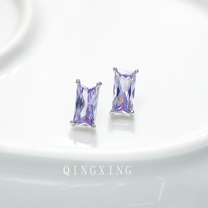 S925 silver needle simple princess square violet zircon earrings versatile trendy men and women universal stacked geometric earrings