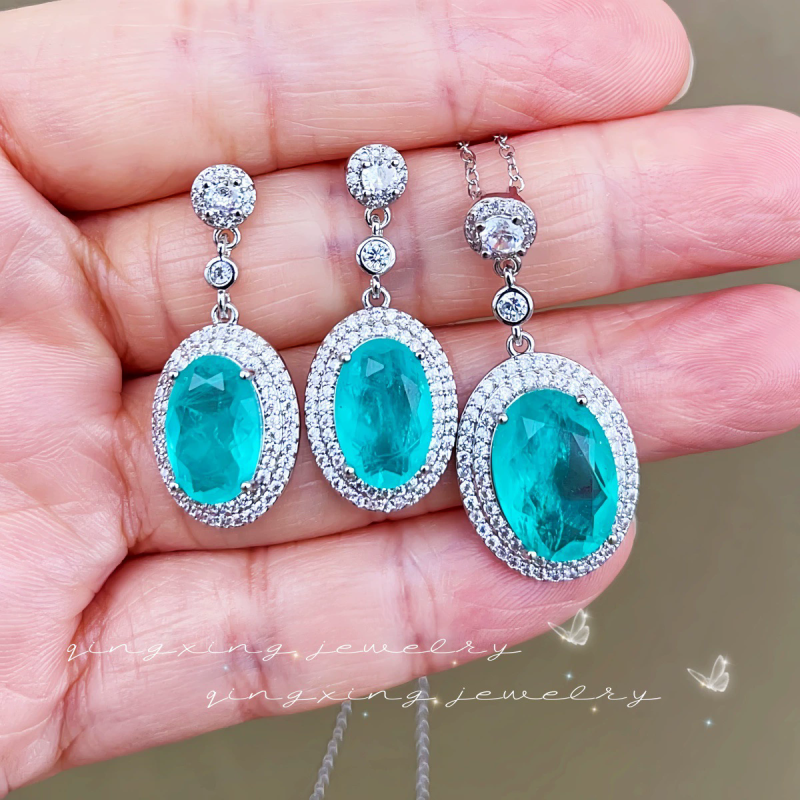 European and American fashion simulation ruby ​​paraiba jewelry two-piece set live broadcast hot selling full diamond zircon pendant earrings