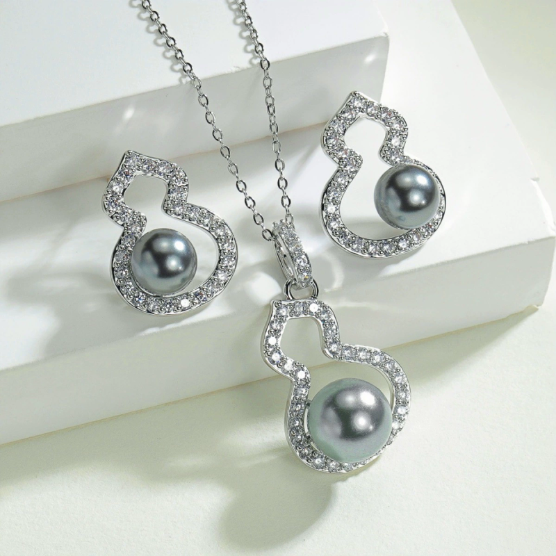 S925 Silver Needle Hoist Zircon Shijia Pearl Earrings Necklace Set Douyin Popular Niche Fulu Women's Accessories