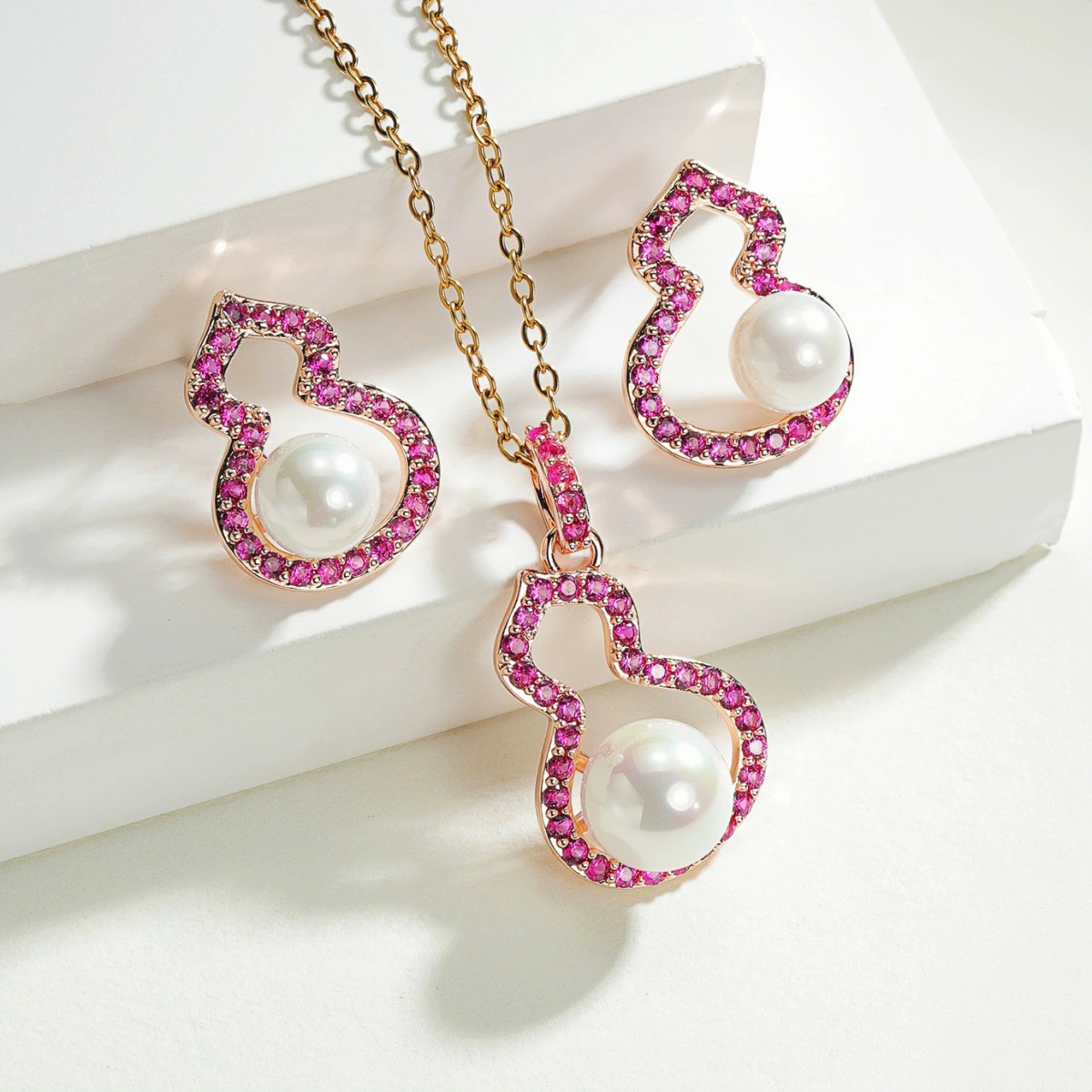 S925 Silver Needle Hoist Zircon Shijia Pearl Earrings Necklace Set Douyin Popular Niche Fulu Women’s Accessories