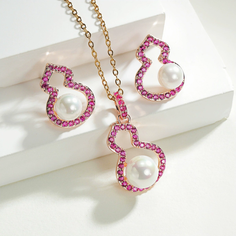 S925 Silver Needle Hoist Zircon Shijia Pearl Earrings Necklace Set Douyin Popular Niche Fulu Women's Accessories