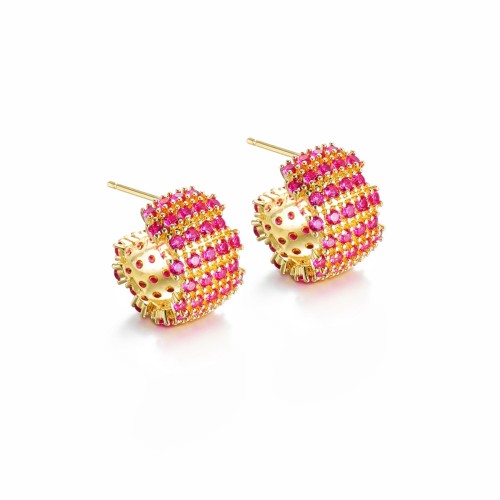 European and American fashion luxury full diamond earrings red corundum light blue spinel C-shaped half-circle earrings niche design earrings