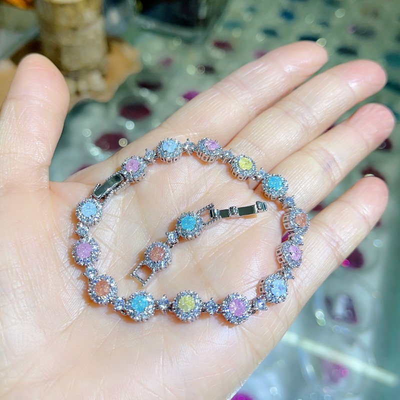 Bracelet Ice Flower Color Korean Style Fashion Round Women's Copper Inlaid Zirconium Bracelet with Extension Buckle Bracelet Source Factory Product