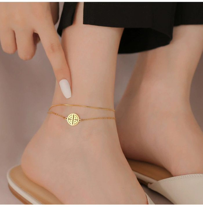 Trendy Double-sided Titanium Steel Double-layer Love Anklet for Women 18K Gold New Style Versatile and Unfastened Fas...