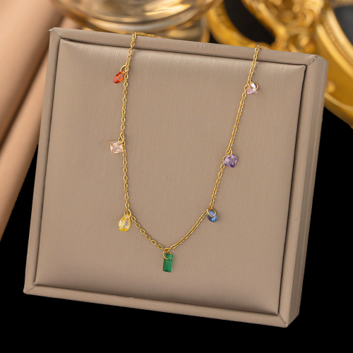 Summer minimalist colorful zircon small titanium steel necklace for women fashion light luxury design clavicle chain trendy accessories