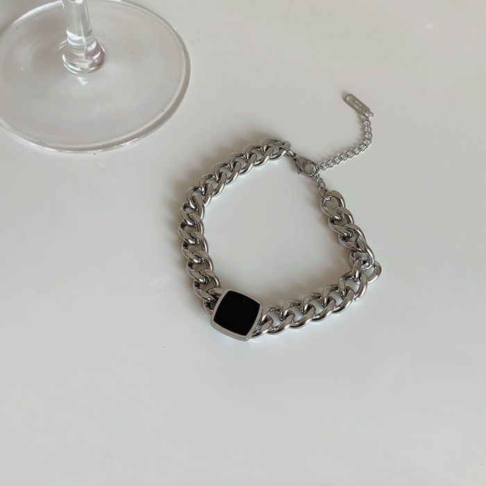 Personality Exaggerated Titanium Steel Thick Chain Necklace Niche Versatile Black Square Clavicle Chain Necklace Wome...