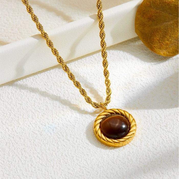New Retro Women's Golden Twisted Tiger Eye Stone Pendant Necklace Earring Set Light Luxury Fashion High-end Feel With...