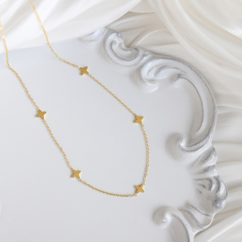 Lucky four-leaf clover with plain chain simple and compact collarbone chain titanium steel color-retaining versatile light luxury four-point star necklace