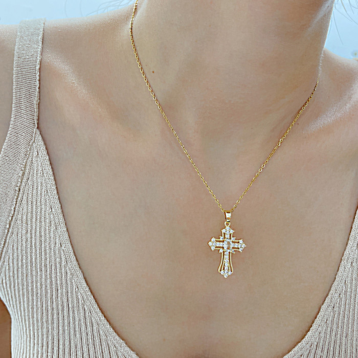 Vintage White Zircon Cross Pendant Clavicle Necklaces for Women Stainless Steel Chains Choker Christmas Day Jewelry G...