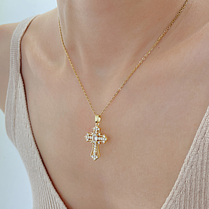 Vintage White Zircon Cross Pendant Clavicle Necklaces for Women Stainless Steel Chains Choker Christmas Day Jewelry G...