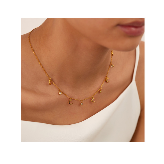 INS Moon CZ Stone Necklaces for Women Girls Golden Color Stainless Steel Choker Anniversary Gift Fashion Jewelry