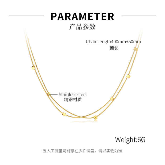 New Summer Fashion Simple Small Square Double Layer Titanium Steel Necklace for Women's Daily Wear Non Fading Jewelry