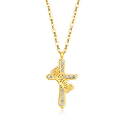 Classic Silver Inlaid Zircon Cross Necklace Gold Stainless Steel Diamond Crown Necklace for Women Birthday Jewelry Gift