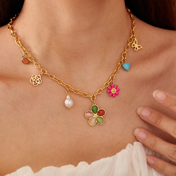 New Arrival 316l Stainless Steel Butterfly Five Colored Flower Pendant Necklace Temperament Women Non-fading Neck Chain