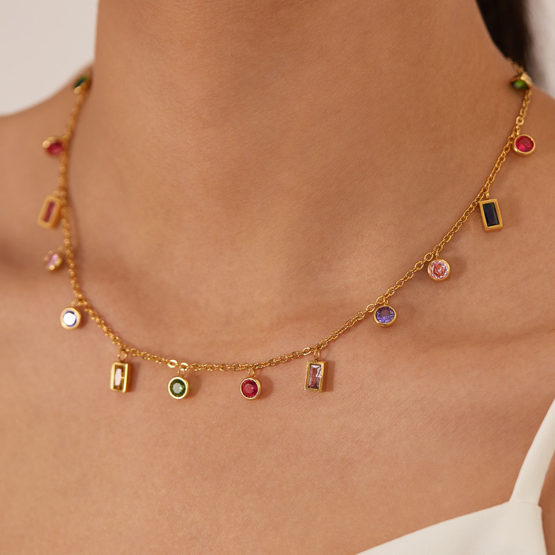 Multicolor Cubic Zirconia Charm Necklace Bracelet Set Gold Plated Stainless Steel Chain Chic Accessories Creative Jewelry Gift