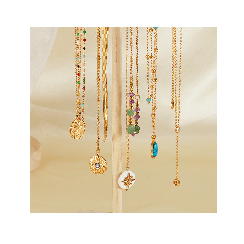Compass Natural Stone Pendants Necklaces Stainless Steel Golden Plated Snake Chain for Women Men Religion Jewelry
