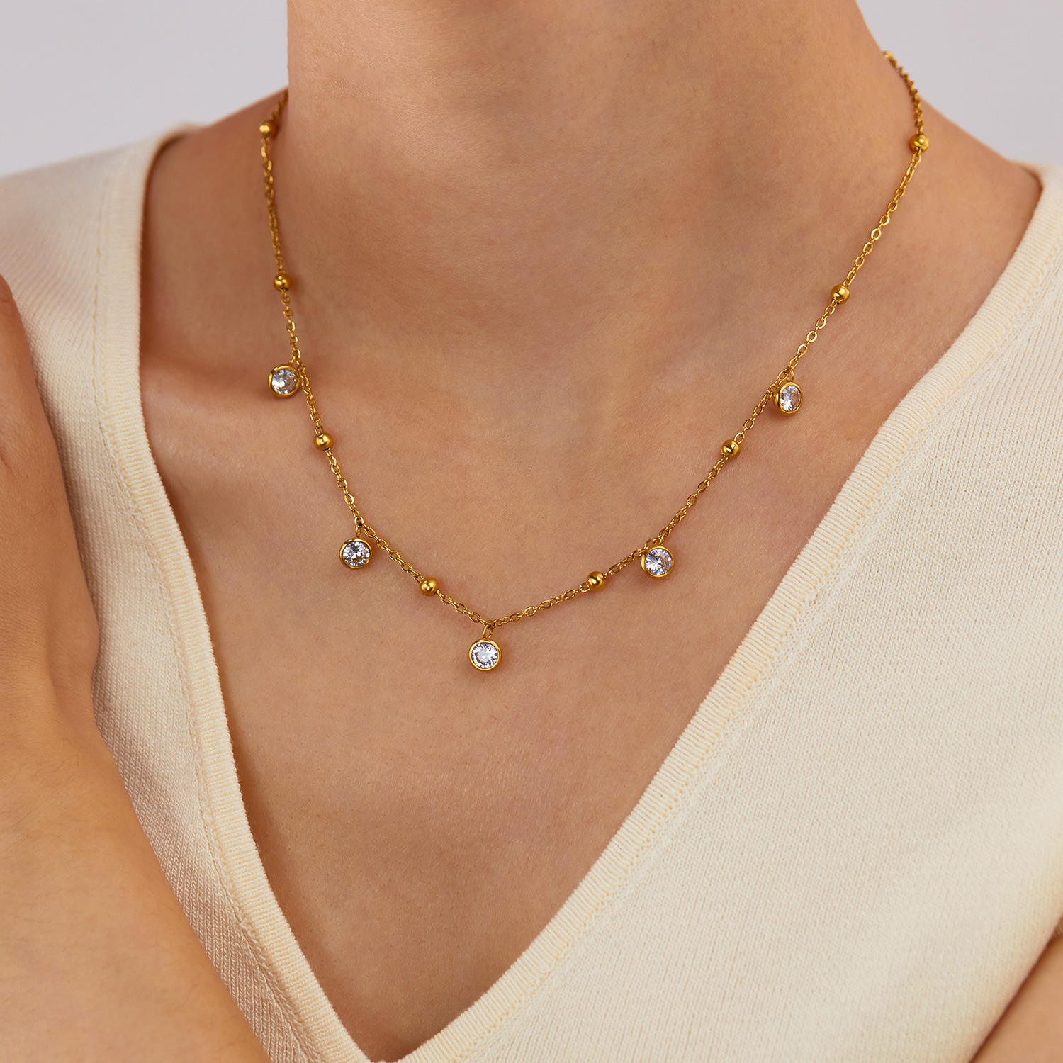 New Arrival Hot Trendy Stainless steel Gold Plated ZirconLittle Pendant Colorful WhiteThin O Chain Necklace For Women4