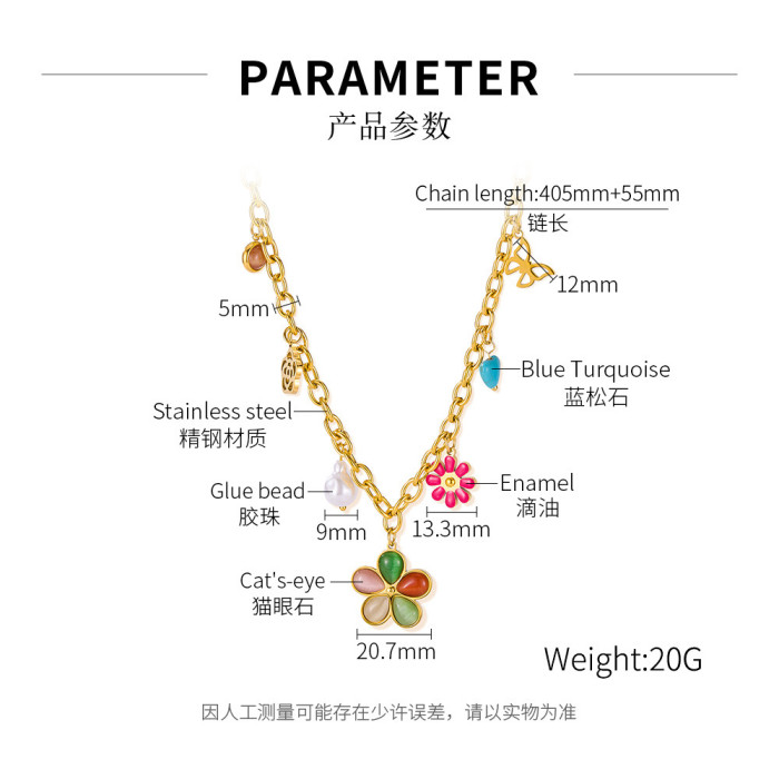 New Arrival 316l Stainless Steel Butterfly Five Colored Flower Pendant Necklace Temperament Women Non-fading Neck Chain