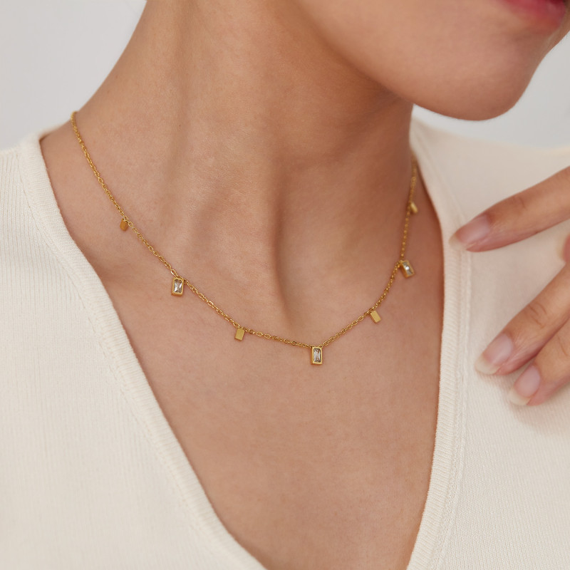 Hot-selling Jewelry Stainless Steel Necklace Women's Fashion Personality Versatile Square Zircon Accessories Jewelry