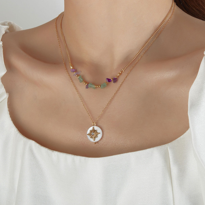 Compass Natural Stone Pendants Necklaces Stainless Steel Golden Plated Snake Chain for Women Men Religion Jewelry