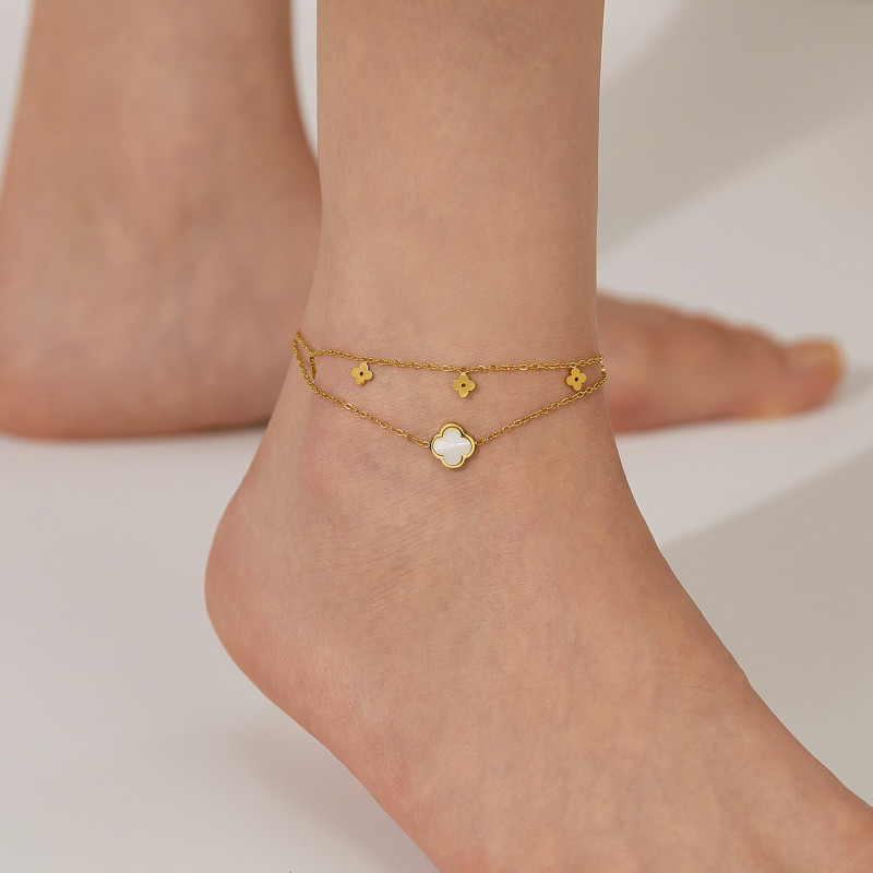 Fashion Niche Carved Blank Mother Shell Flower Double-layer Chain Stainless Steel Women's Ankle Chain