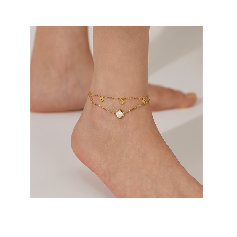 Fashion Niche Carved Blank Mother Shell Flower Double-layer Chain Stainless Steel Women's Ankle Chain