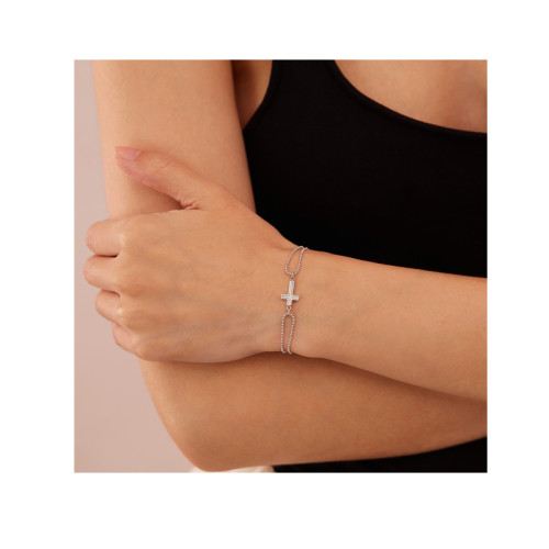 Trendy Double Layer Beaded Chain Bracelets 18k Gold Plated Stainless Steel Shell Cross Charm Bangles Jewelry for Women