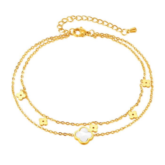 Fashion Niche Carved Blank Mother Shell Flower Double-layer Chain Stainless Steel Women's Ankle Chain