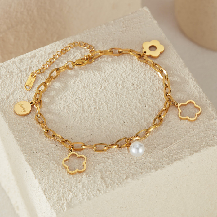 Hollow Out Lucky Flower Titanium Steel Anklets with Pearl 18K Gold Plated Waterproof Non Allergy Jewelry for Women