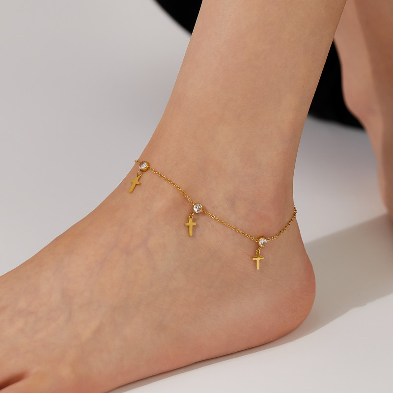 Stainless Steel White Crystal Cross Pendant Anklet For Women Glamorous Foot Chain Waterproof Jewelry