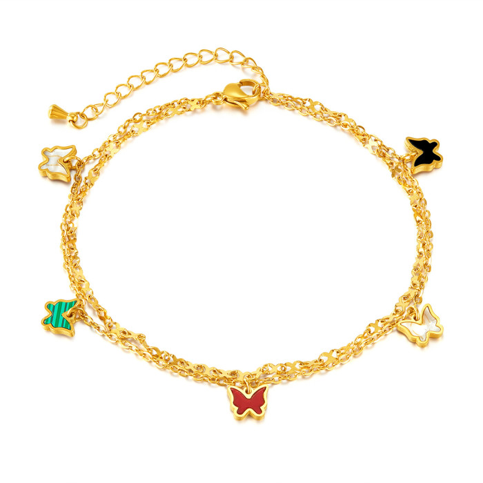 Stainless Steel New Fashion Jewelry 2 Layer Embedded in Natural Shells Hang 5 Butterflies Charm Chain Anklets for Wom...