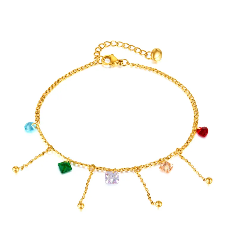 Korean Colorful Stone Tassel Anklet for Women's Stainless Steel Fashion 18k Plated Classy Jewelry Party