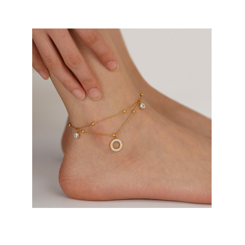 New Fashionable Simple and Niche Design Stainless Steel Double-layer Layered Circle Ankle Chain Jewelry