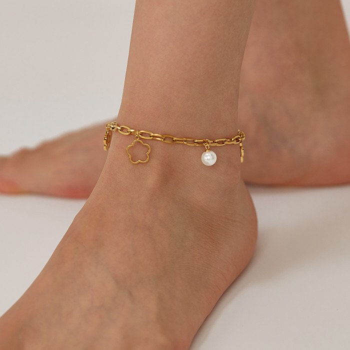 Hollow Out Lucky Flower Titanium Steel Anklets with Pearl 18K Gold Plated Waterproof Non Allergy Jewelry for Women
