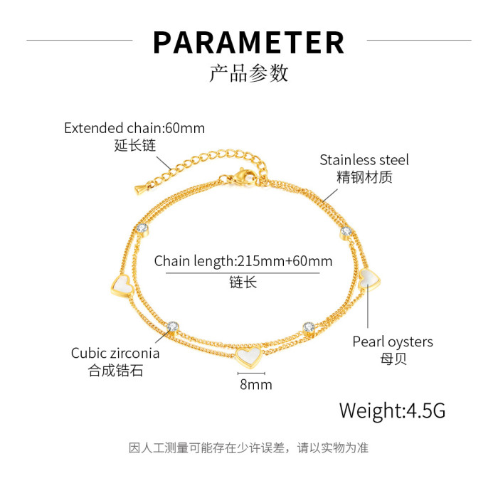 Stainless Steel New Fashion High-end Jewelry 2 Layer Embed Natural Shells Zircon Love Heart Charm Chain Anklet for Wo...