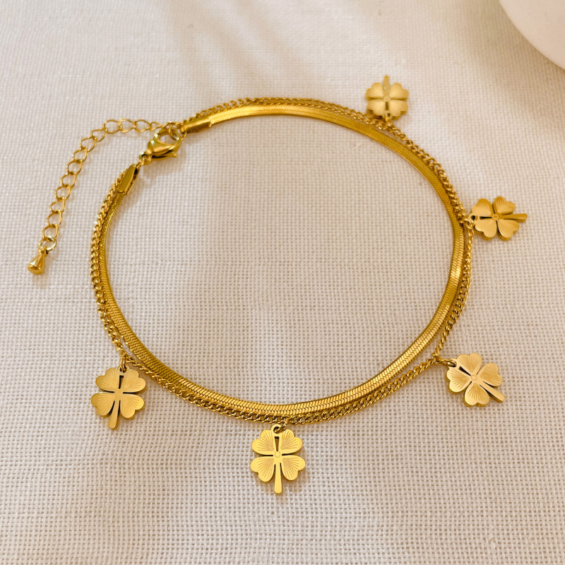 Layered Stainless Steel 4 Leaf Clover Flower Charm Anklet for Women Fashion Chain Gold Color Jewelry Gift for Female Wedding