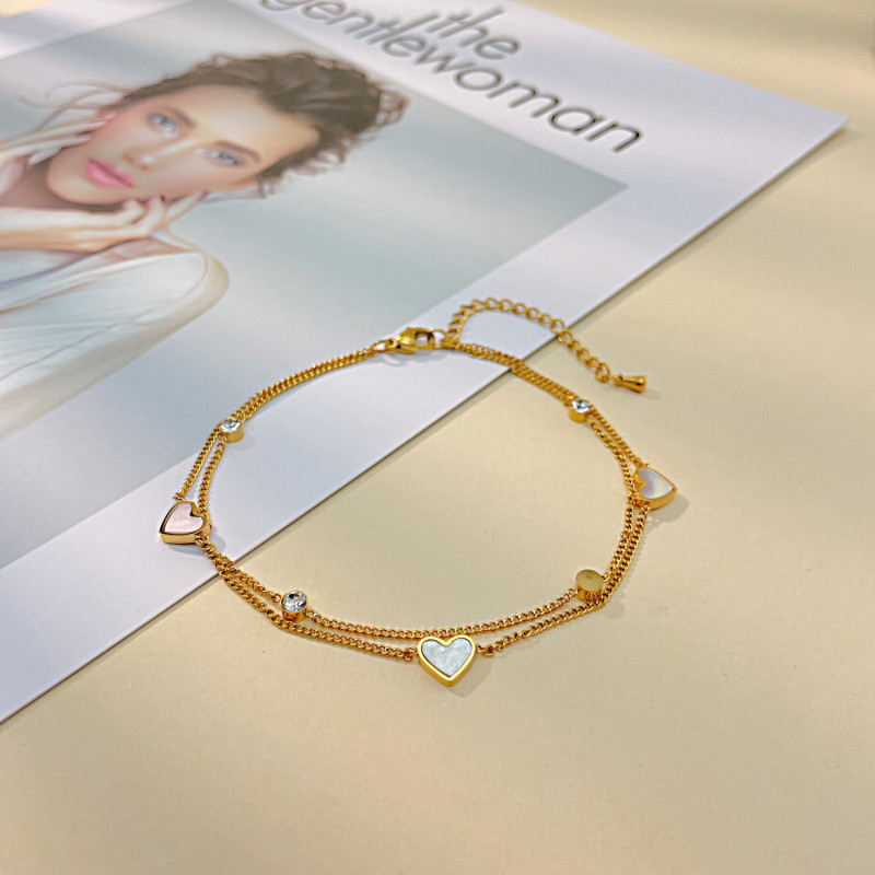Stainless Steel New Fashion High-end Jewelry 2 Layer Embed Natural Shells Zircon Love Heart Charm Chain Anklet for Women