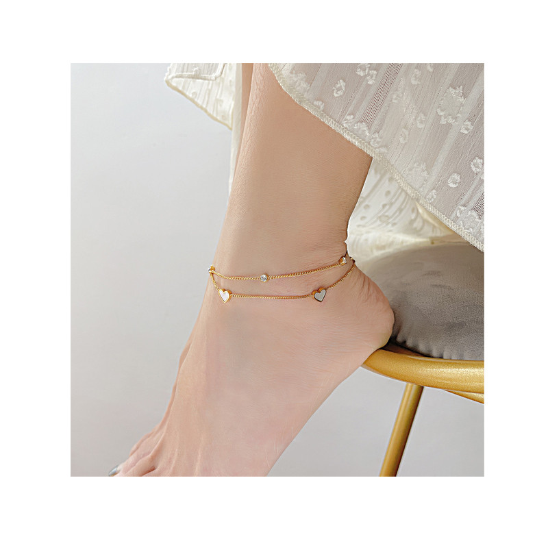 Stainless Steel New Fashion High-end Jewelry 2 Layer Embed Natural Shells Zircon Love Heart Charm Chain Anklet for Women