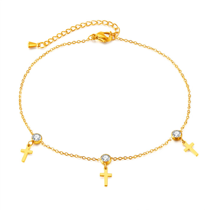 Stainless Steel White Crystal Cross Pendant Anklet for Women Glamorous Foot Chain Waterproof Jewelry, Necklaces