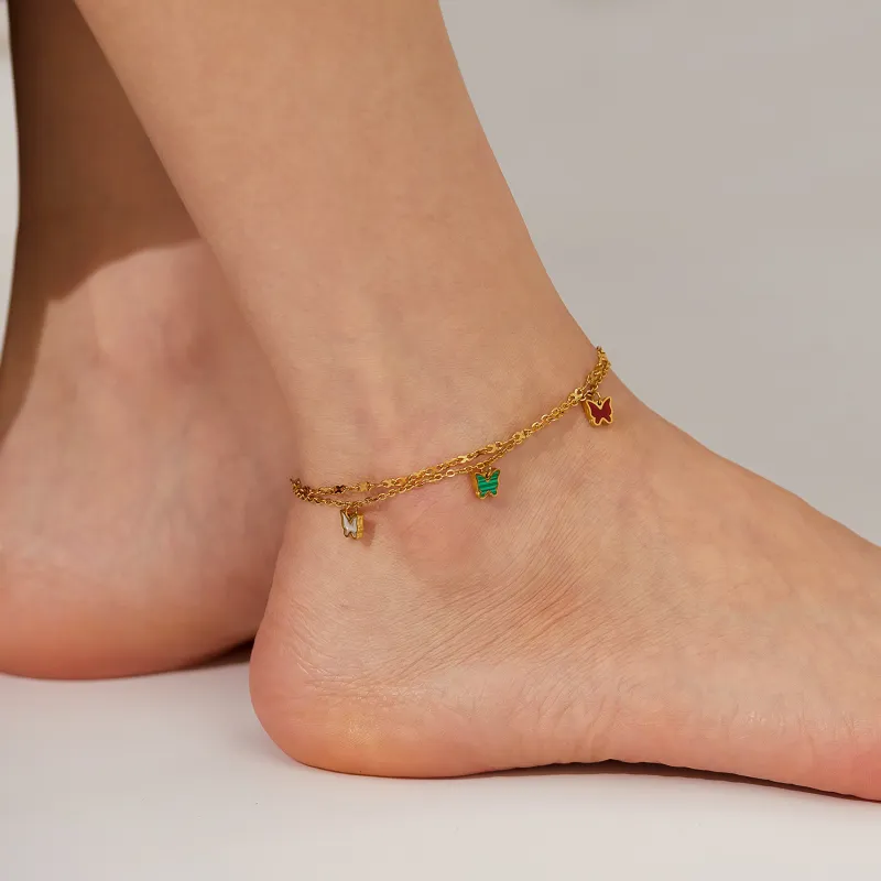 Stainless Steel New Fashion Jewelry 2 Layer Embedded in Natural Shells Hang 5 Butterflies Charm Chain Anklets for Women