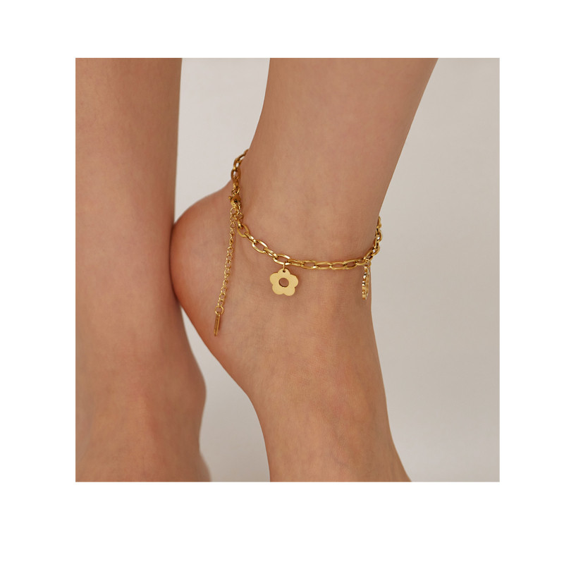 Hollow Out Lucky Flower Titanium Steel Anklets with Pearl 18K Gold Plated Waterproof Non Allergy Jewelry for Women