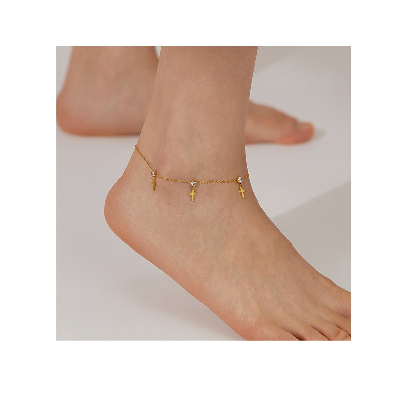 Stainless Steel White Crystal Cross Pendant Anklet For Women Glamorous Foot Chain Waterproof Jewelry