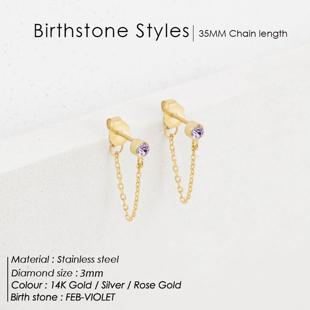 Ladies Birthstone Chain Stud Earrings Gold Plated Stainless Steel 12 Colors Earring Jewelry for Woman Gift Wholesale