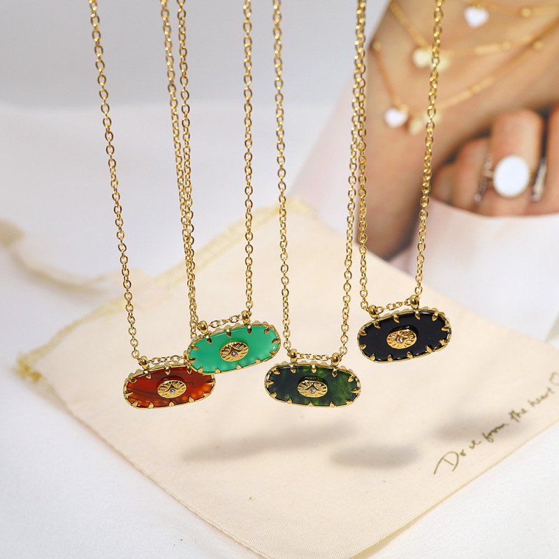 Oval Eyes Pendant Women Zircon Tennis Necklace Stainless Steel Gold Plated Chains Green Diamond Charms Jewelry