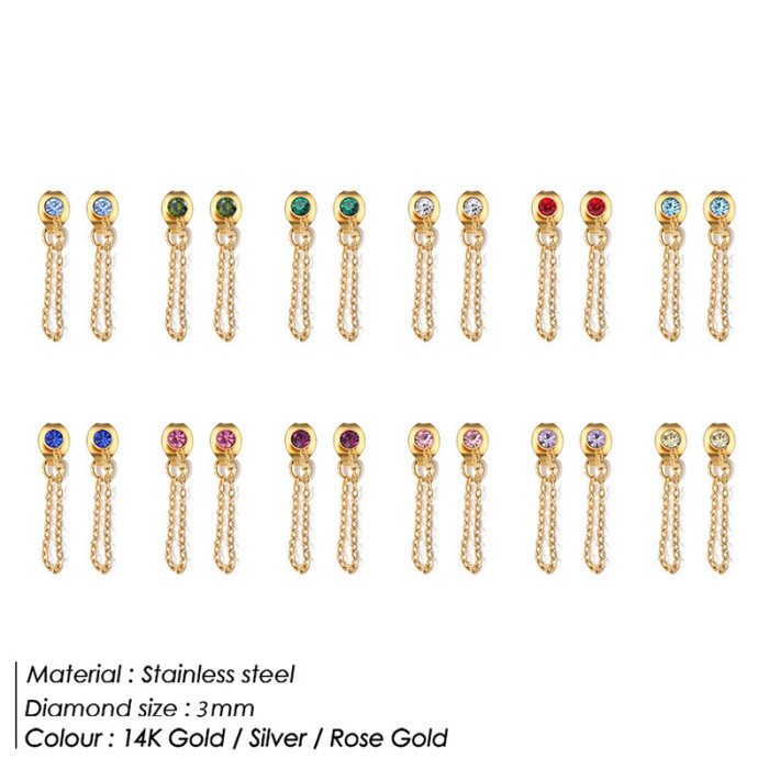 Ladies Birthstone Chain Stud Earrings Gold Plated Stainless Steel 12 Colors Earring Jewelry for Woman Gift Wholesale