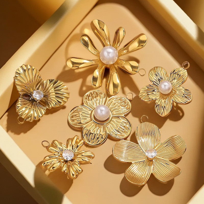 Stainless Steel Flower Pendant Encrusting Pearl Zircon Charm PVD Gold-plated Earrings Necklace Connector Jewelry Wholesale